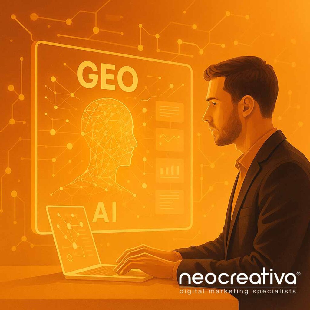 Estratega digital observando una interfaz de inteligencia artificial que representa la evolución del marketing desde AEO hacia GEO