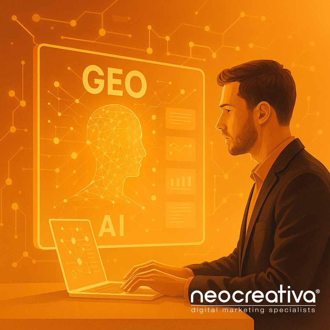 aeo-vs-geo-evolucion-marketing-inteligencia-artificial-neocreativa Estratega digital observando una interfaz de inteligencia artificial que representa la evolución del marketing desde AEO hacia GEO