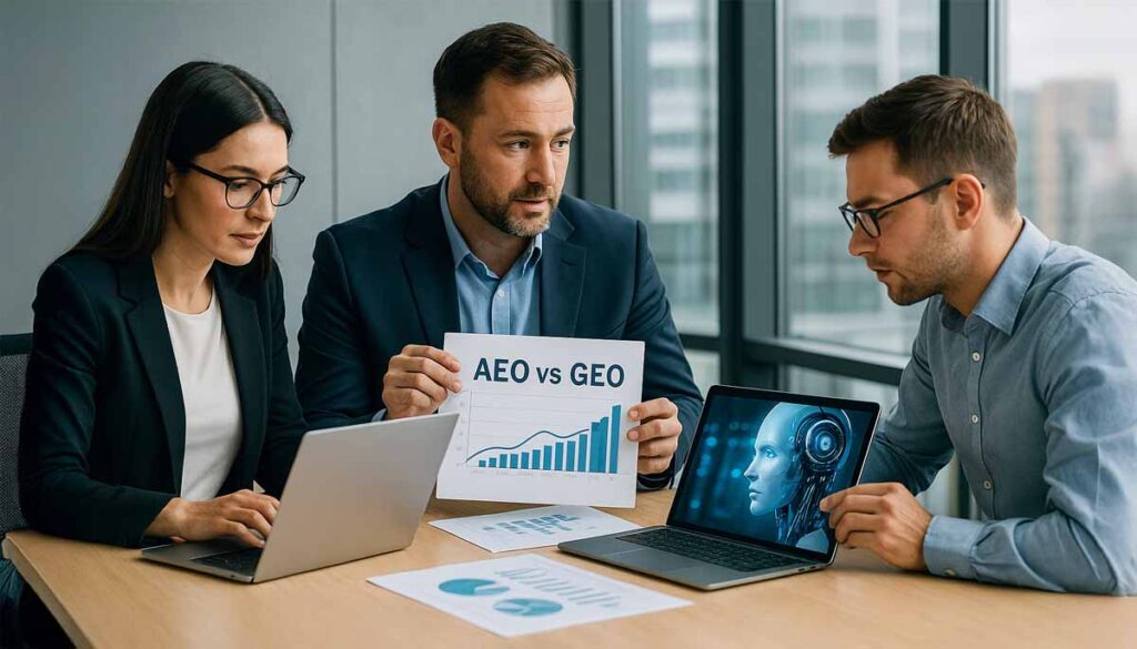 AEO vs GEO: la transición hacia el marketing impulsado por Inteligencia Artificial 1 Expertos en marketing digital analizan estrategias AEO vs GEO utilizando herramientas de inteligencia artificial en un entorno corporativo moderno.